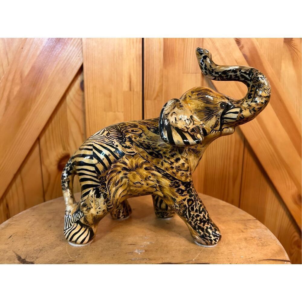 La Vie Elephant Safari Animal Print Glazed Figurine Ceramic Trunk Up (4789)